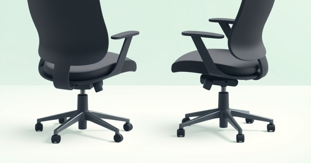Two black high-back office chairs with adjustable armrests and chrome five-star bases shown from opposing angles, comparing chairs for long sitting