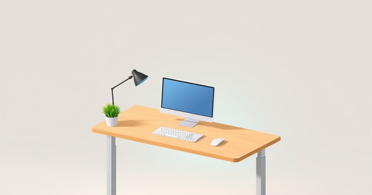Isometric sit-stand desk with a wood top on white T-legs holding a monitor, keyboard and lamp, a potted plant alongside, for budget standing desk picks