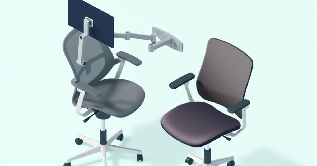 Two office chairs face each other on a mint background, one gray mesh-back chair with a monitor arm attached, the other a solid dark purple chair with a curved backrest.