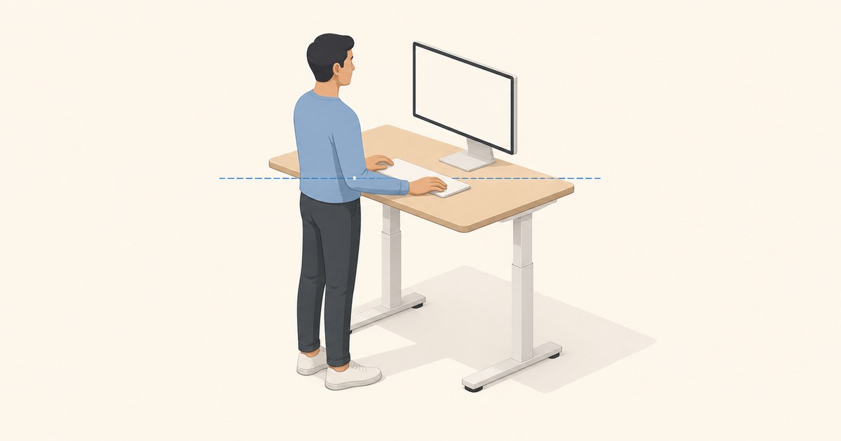A person in a blue sweater stands at a height-adjustable desk with a monitor and keyboard, a dashed blue line marking elbow level across the desktop.