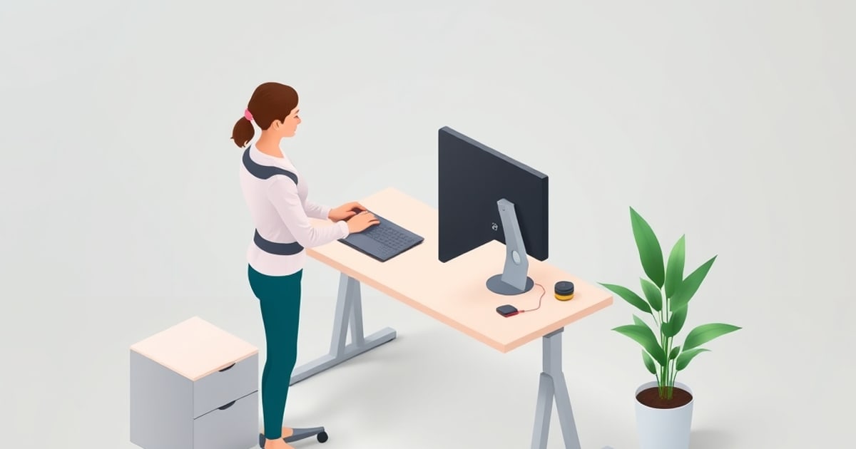Isometric diagram of a desk worker in neutral seated posture with monitor at eye level, lumbar support engaged, and feet flat on the floor