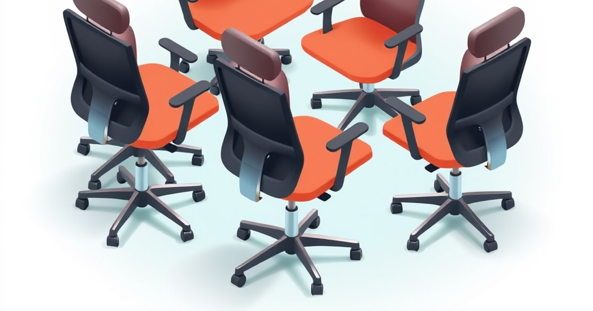 Soft isometric illustration of several orange and black office chairs with high backs arranged around a light floor.